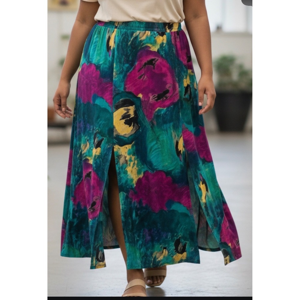 Vintage Synari Abstract Floral Art Teacher Skirt Teal Purple Elastic Waist Sz 32